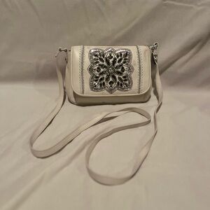Vintage Brighton Ivory Crossbody Bag with Metallic Floral Accent
